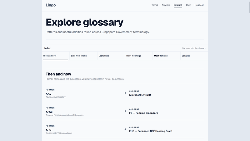 Lingo Explore view connecting former Singapore Public Service names with their successors