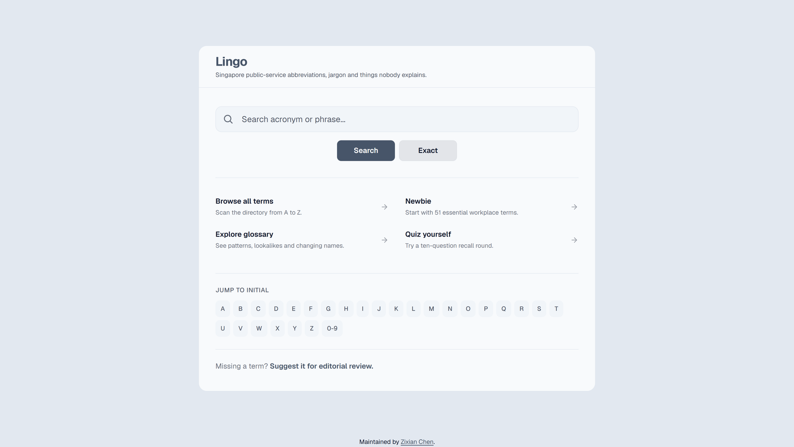 Lingo landing page for searching Singapore public-service terminology