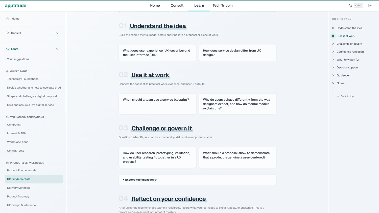 The UX Fundamentals Learn module organised into understanding the idea, using it at work, challenging or governing it, and reflecting on confidence