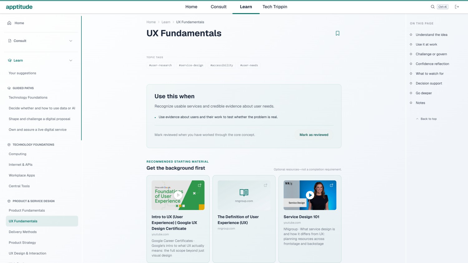The UX Fundamentals Learn module recommending selected YouTube videos and reference articles as starting material