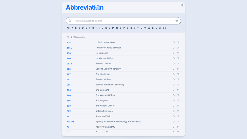 Abbreviation results list showing Singapore Government acronyms