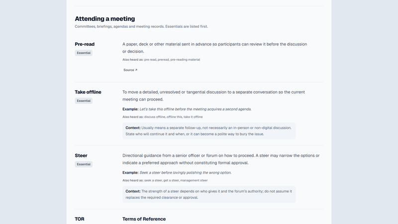 Lingo newbie guide showing terms used when attending a meeting