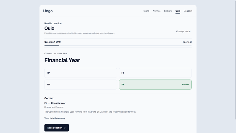 A Lingo newbie quiz showing the correct abbreviation for Financial Year