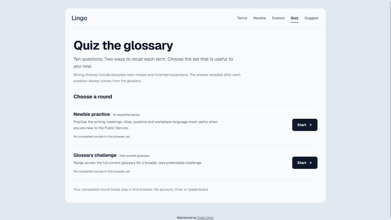Lingo quiz screen offering Newbie practice and a full glossary challenge