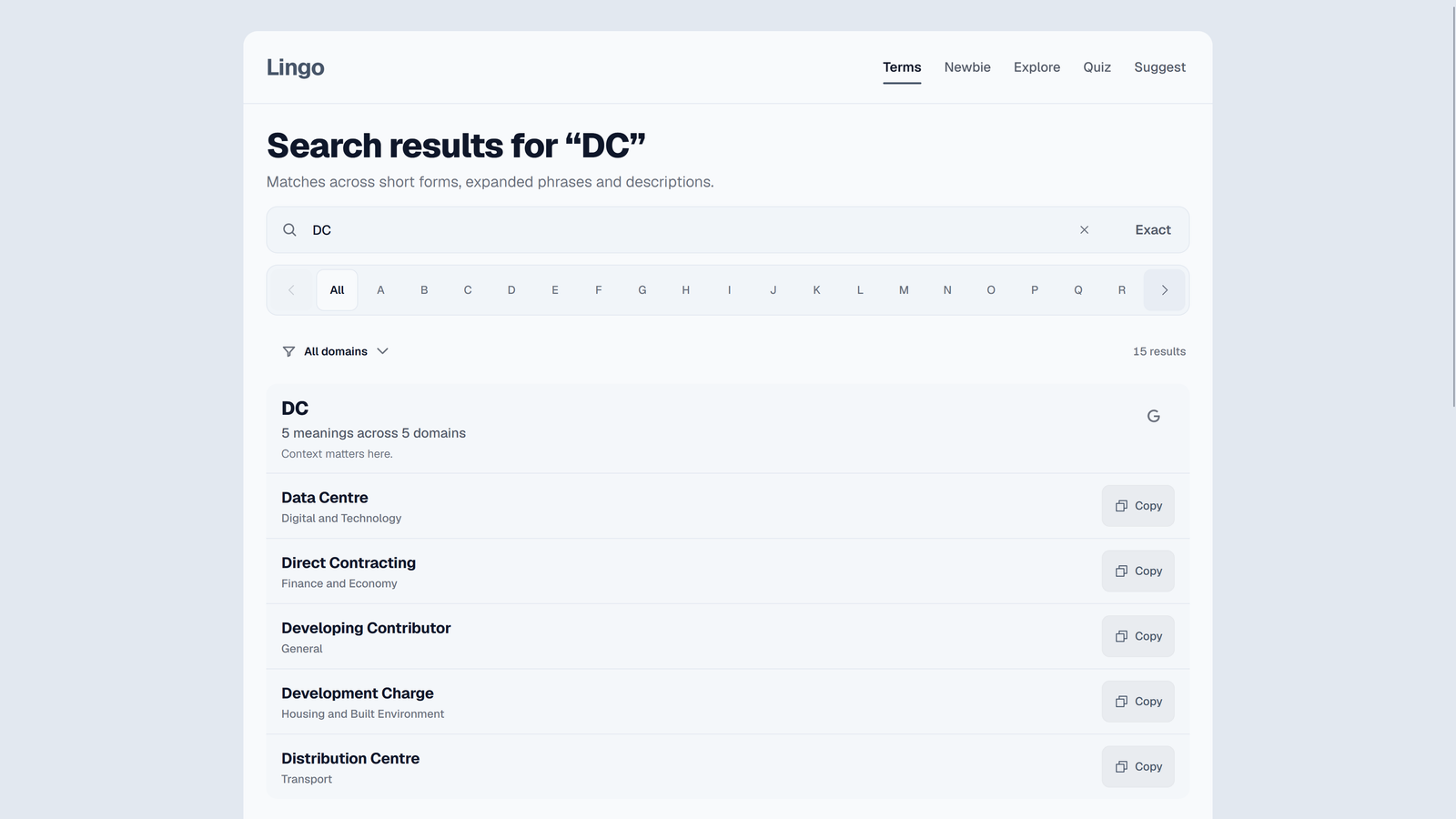Lingo search results showing multiple meanings of DC across Singapore Public Service domains