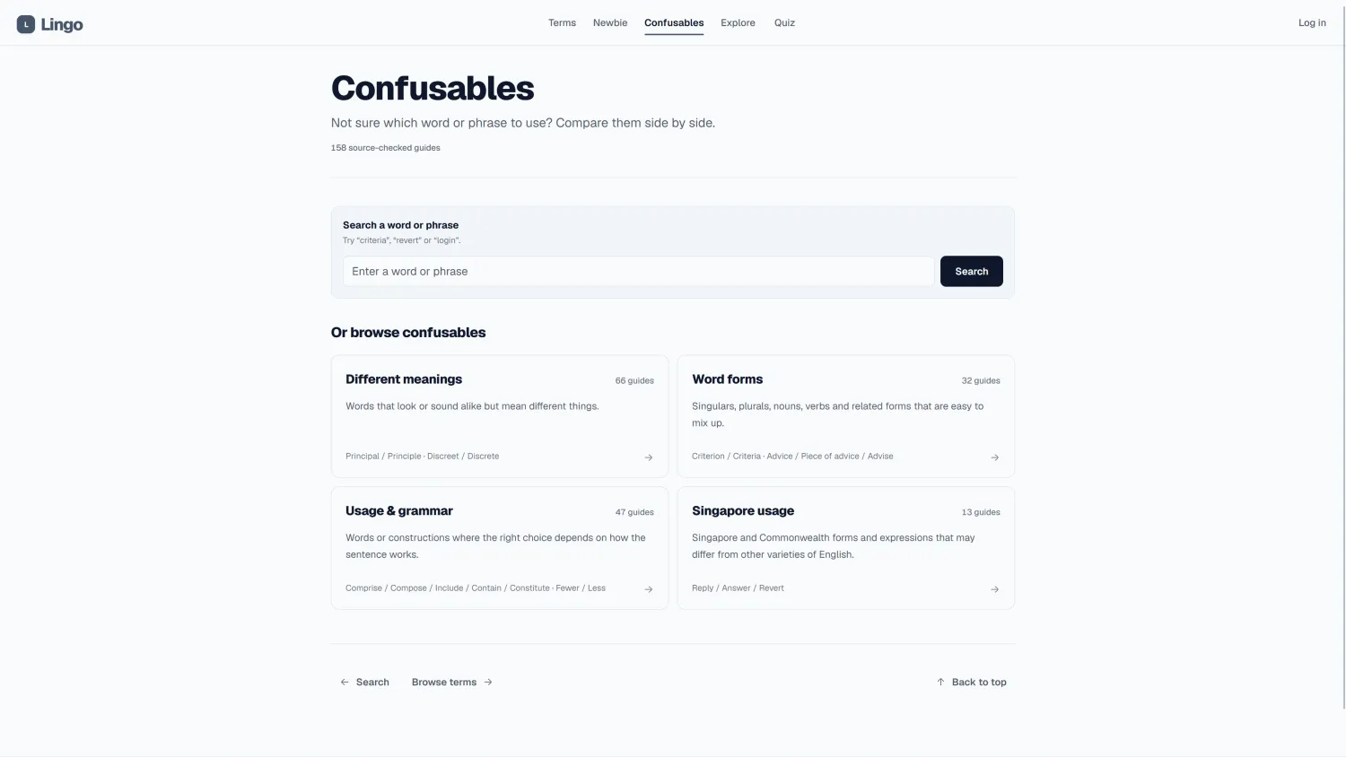 Lingo Confusables overview with search and four browsable writing-guide categories