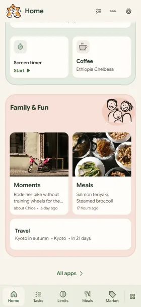 Cubby home screen showing family moments, meals, and travel