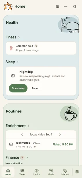 Cubby home screen showing health, routines, and finance
