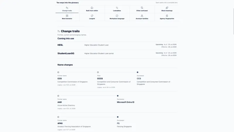 Lingo Explore view tracing upcoming and historical changes to Singapore Public Service names