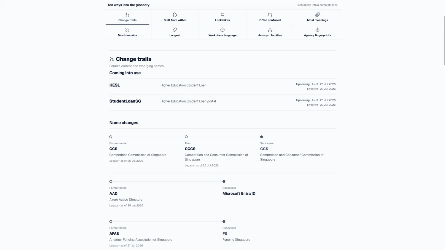 Lingo Explore view tracing upcoming and historical changes to Singapore Public Service names
