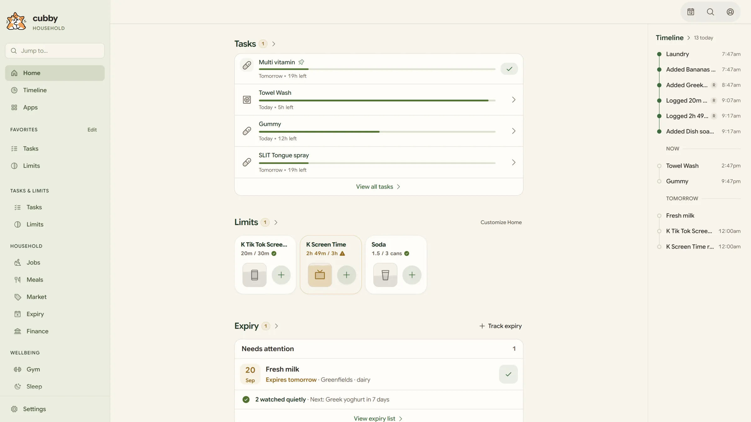 Classic Cubby desktop Home with stacked Tasks, Limits and Expiry in the old operational dashboard.