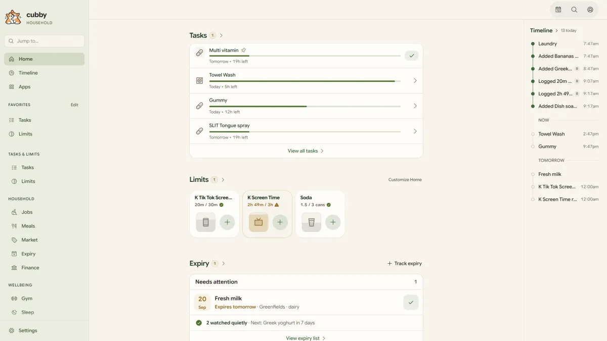 Classic Cubby desktop Home with stacked Tasks, Limits and Expiry in the old operational dashboard.
