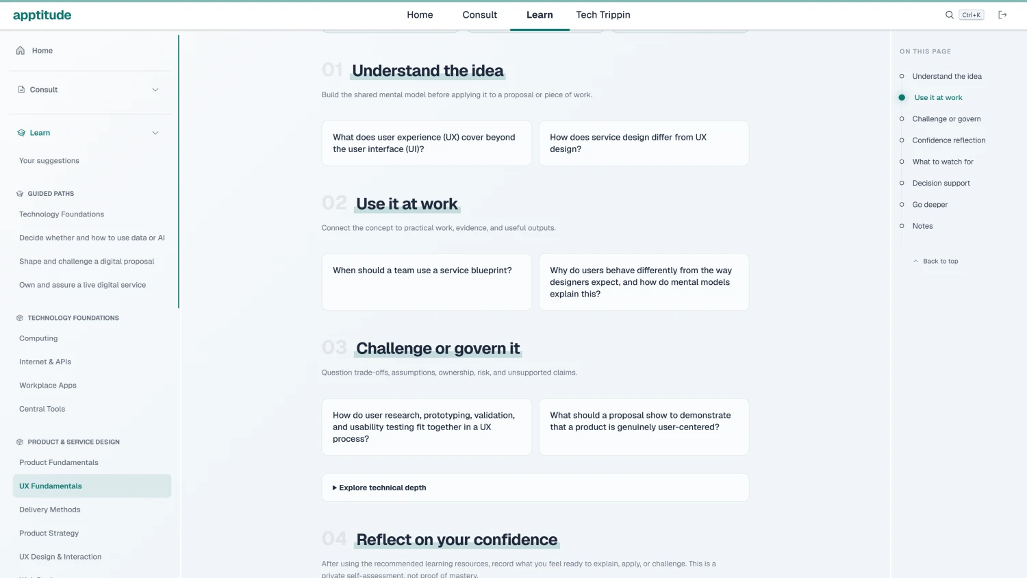 The UX Fundamentals Learn module organised into understanding the idea, using it at work, challenging or governing it, and reflecting on confidence