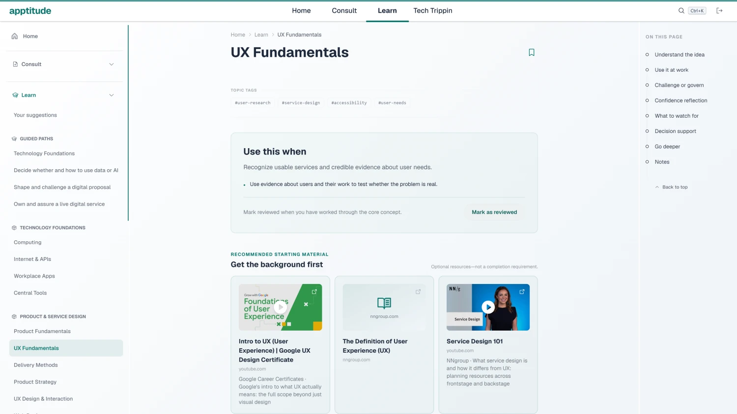 The UX Fundamentals Learn module recommending selected YouTube videos and reference articles as starting material