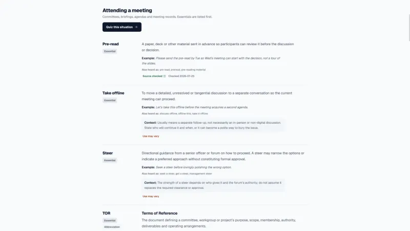 Lingo newbie guide showing terms used when attending a meeting
