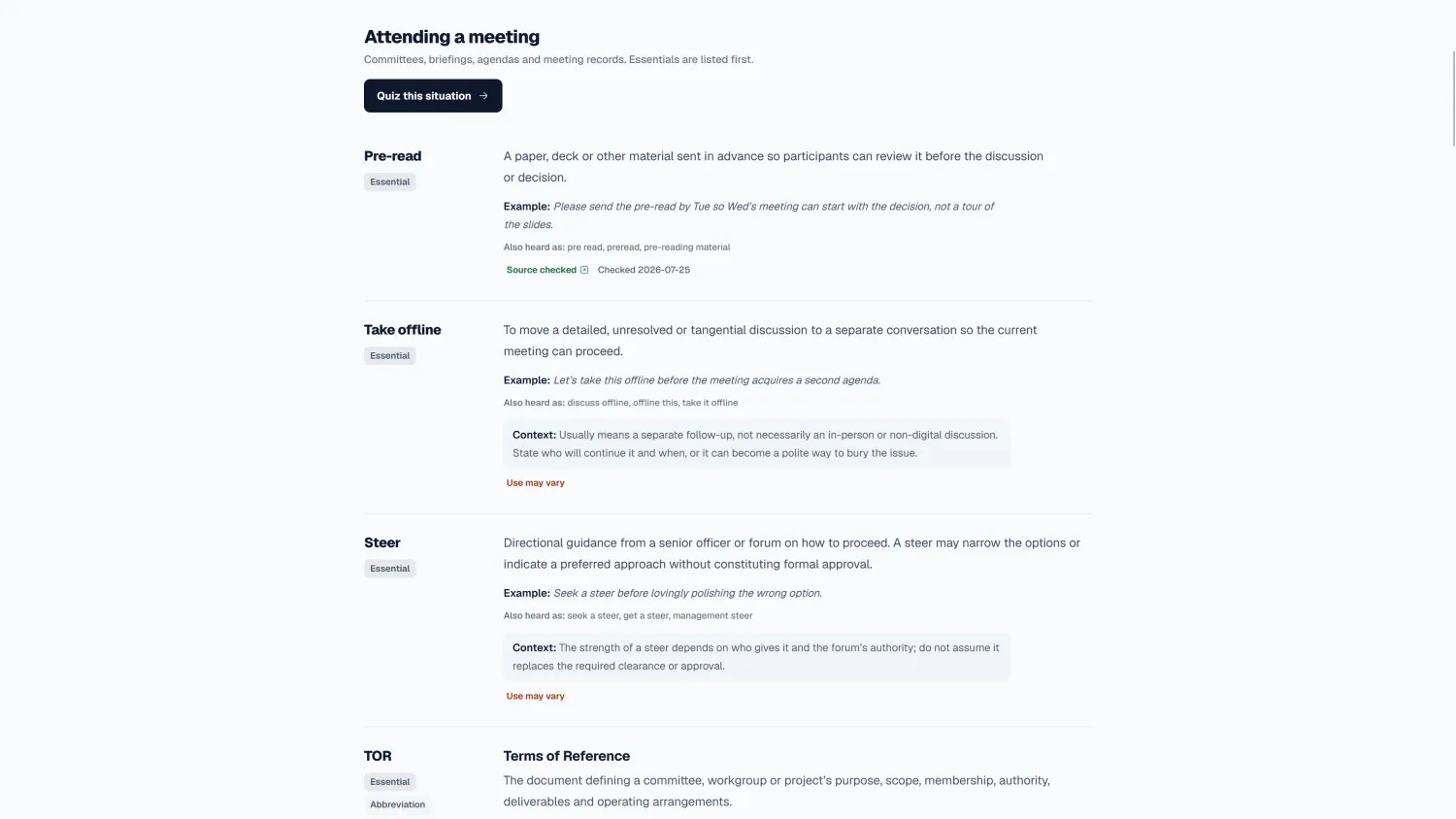 Lingo newbie guide showing terms used when attending a meeting