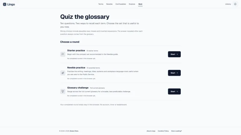 Lingo quiz screen offering Newbie practice and a full glossary challenge