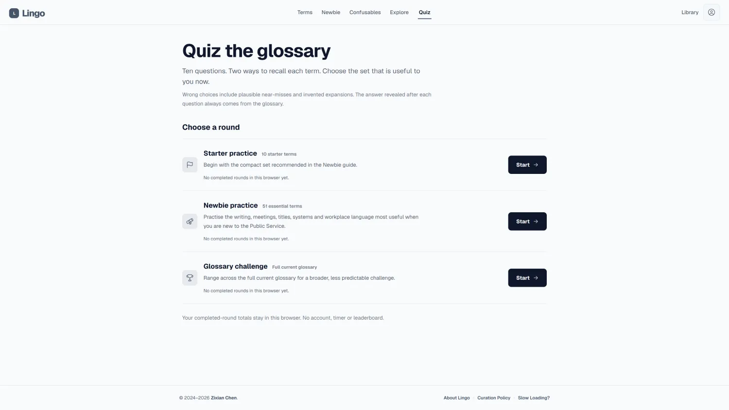 Lingo quiz screen offering Newbie practice and a full glossary challenge