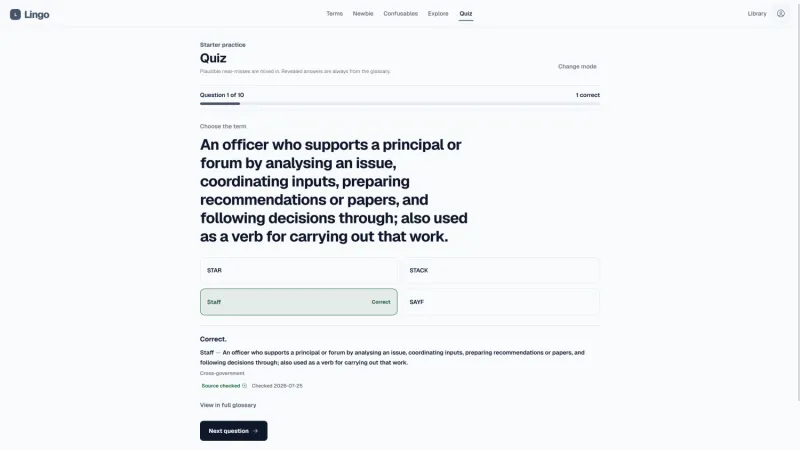 A Lingo starter quiz showing a correct answer for the workplace term Staff