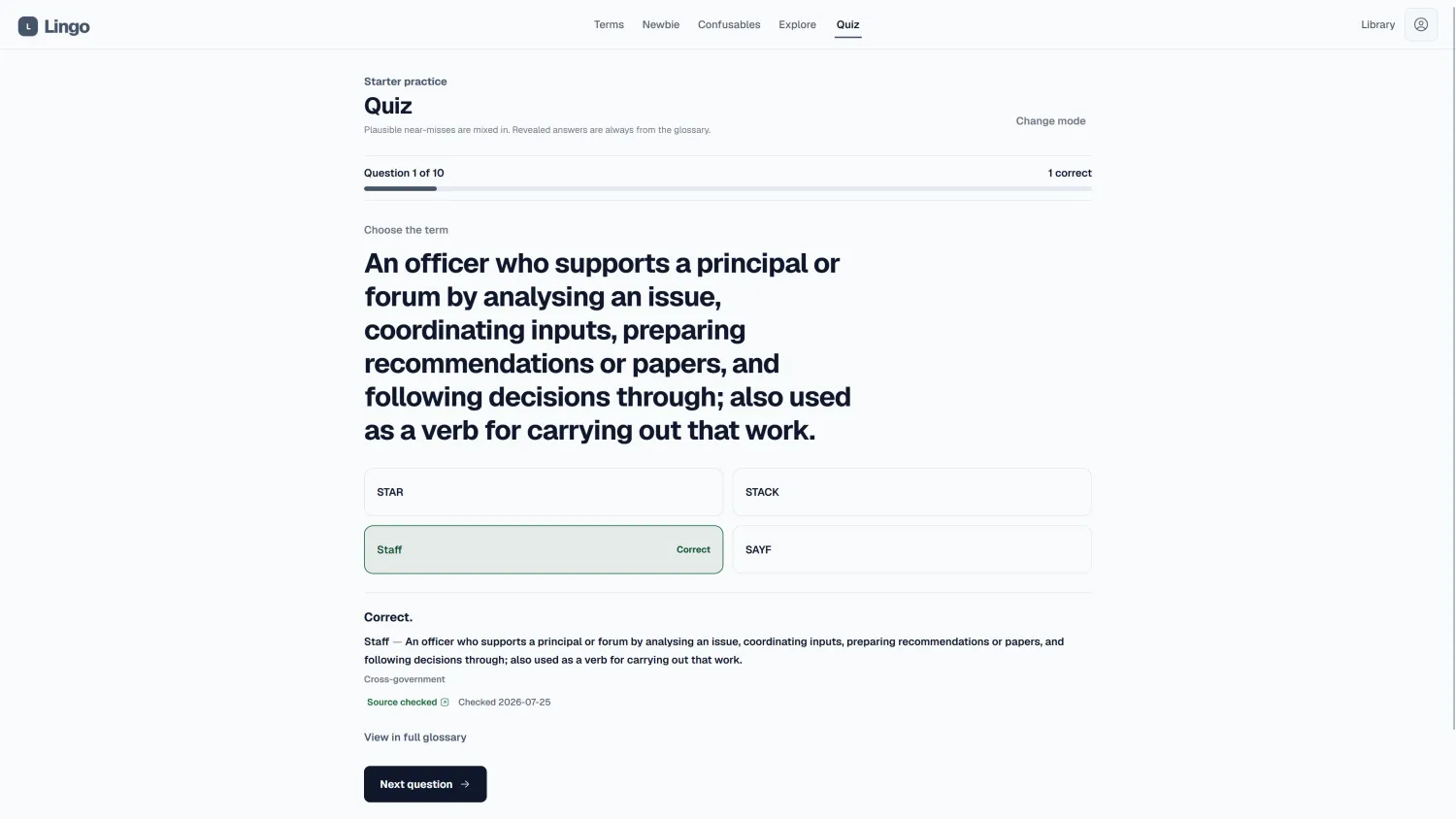 A Lingo starter quiz showing a correct answer for the workplace term Staff