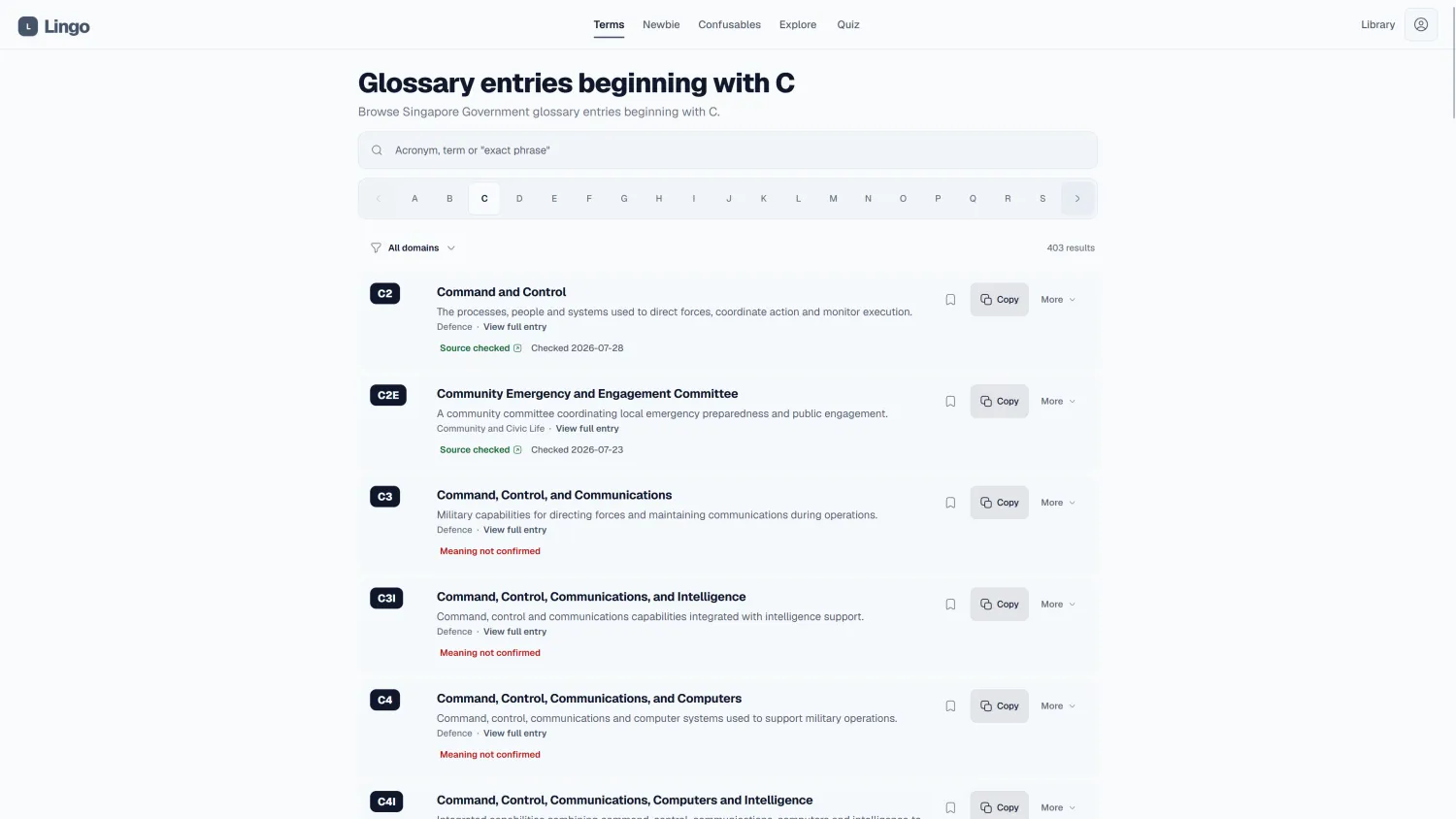 Lingo directory showing Singapore public-service terms beginning with C