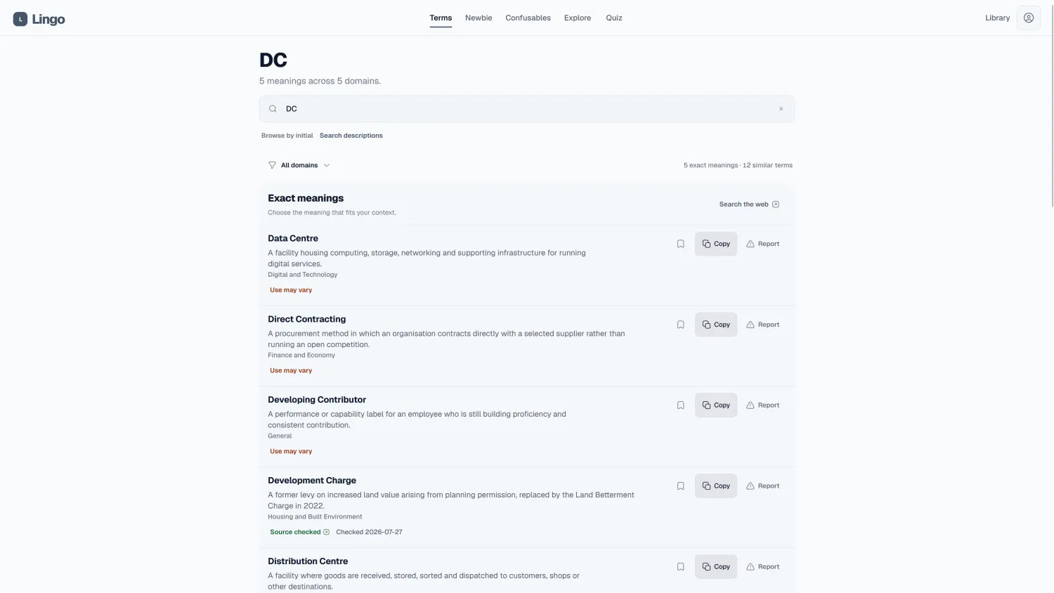 Lingo search results showing multiple meanings of DC across Singapore Public Service domains